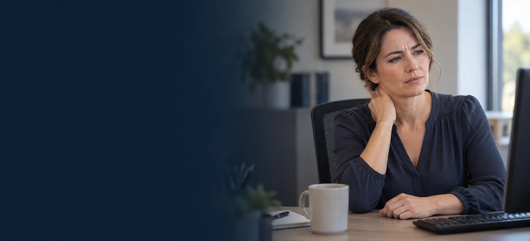 Seated office worker gently supporting her neck at a workstation