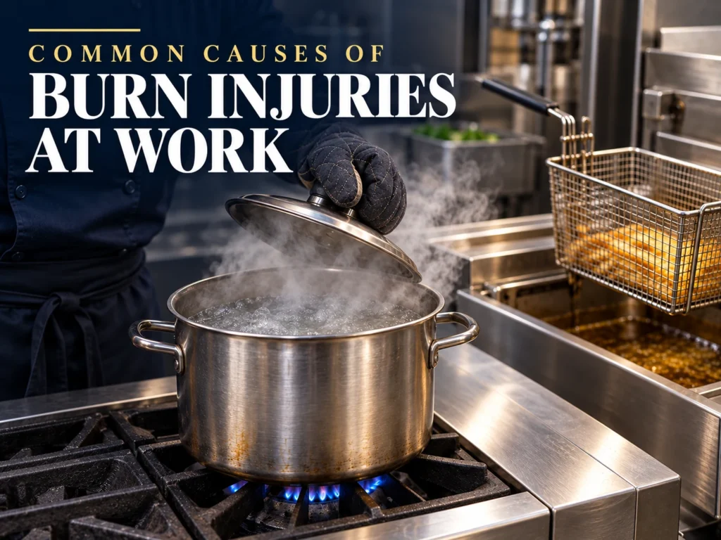 Common causes of burn injuries at work: steam, boiling water, and hot oil in a commercial kitchen