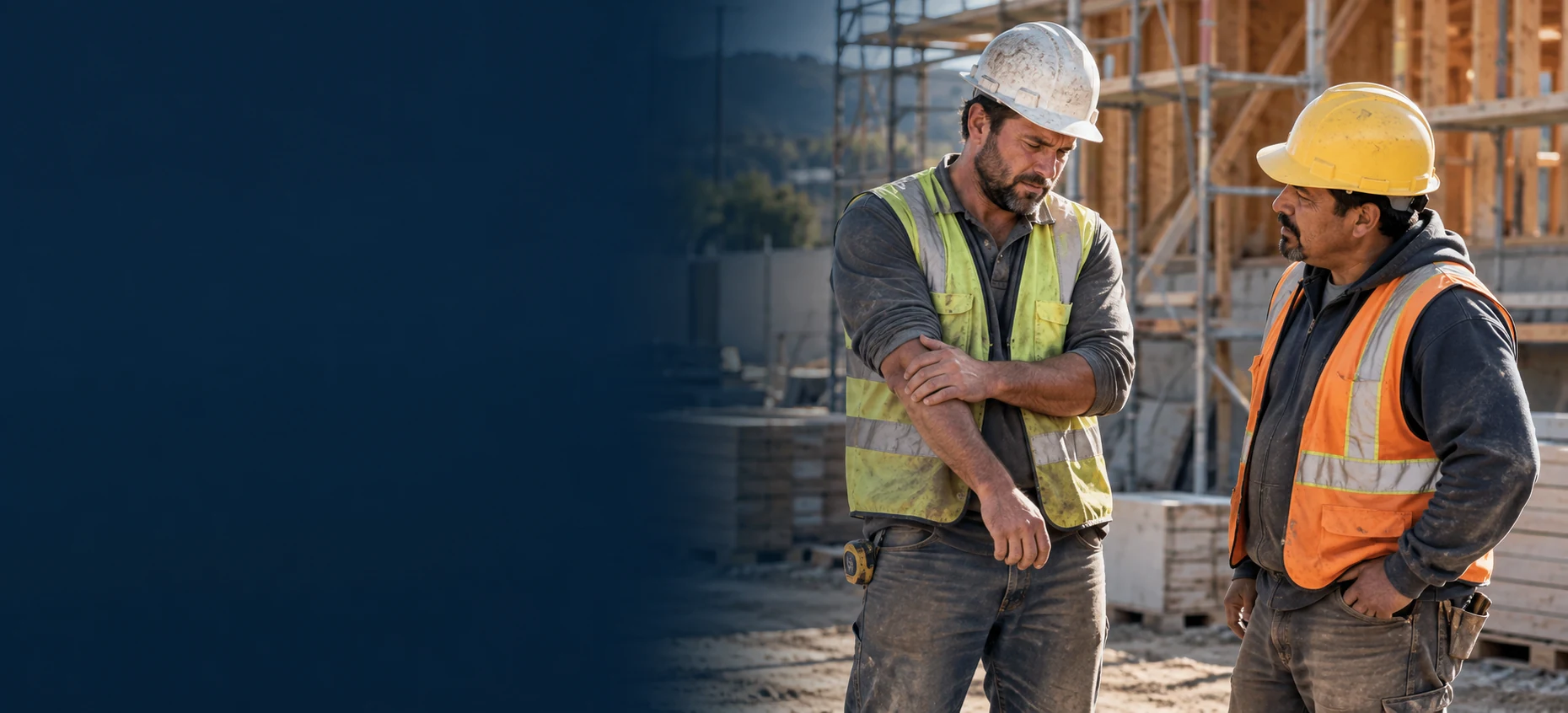 Construction worker supporting an injured arm beside a coworker at a building site