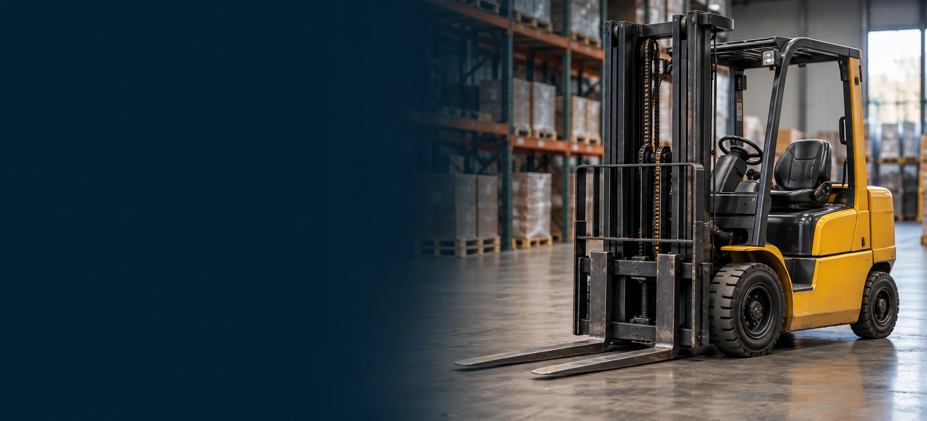 Yellow industrial forklift parked in a warehouse aisle