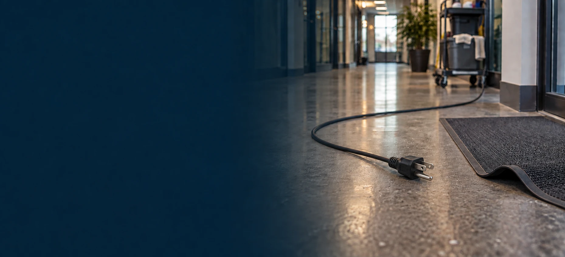 Unattended electrical cord and curled floor mat in a workplace corridor