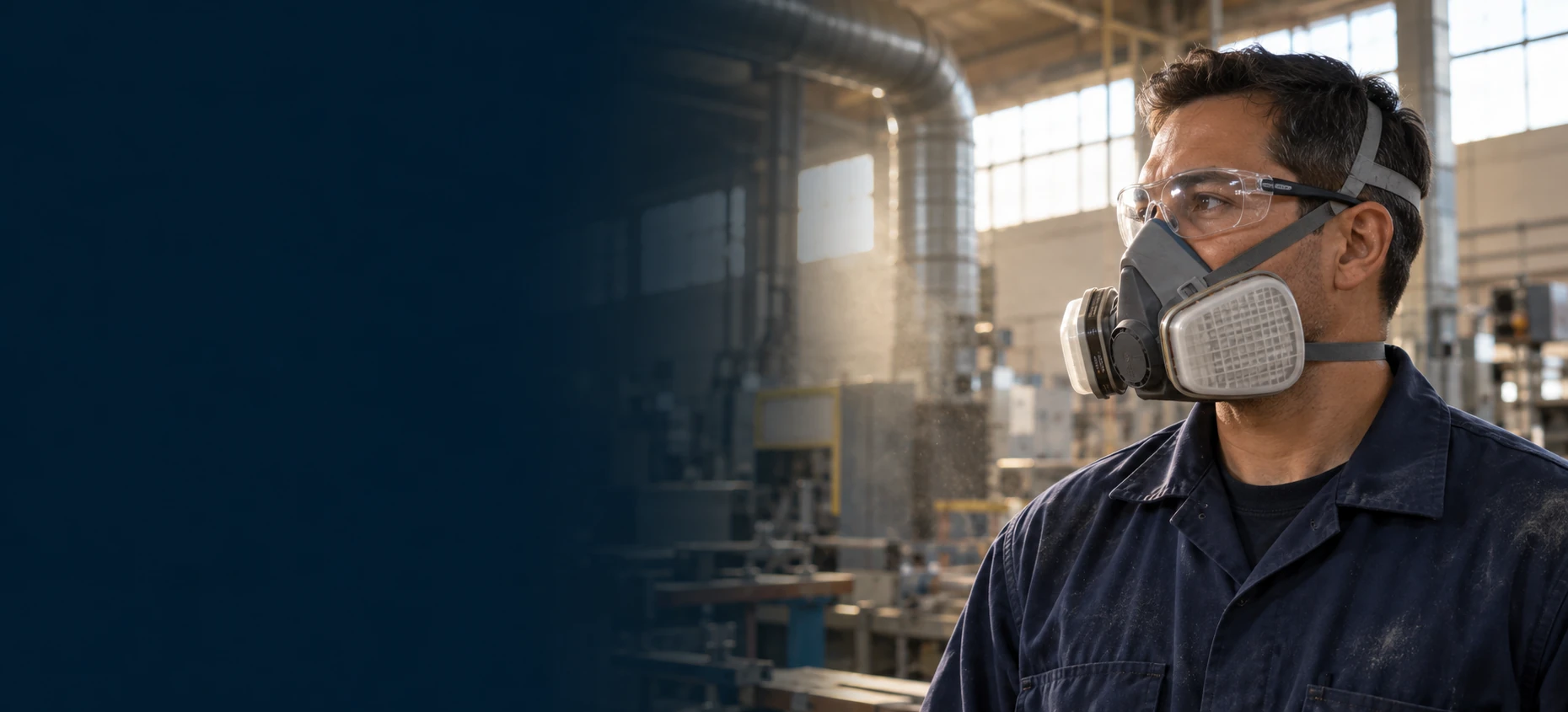 Worker wearing a respirator and safety glasses in an industrial workplace