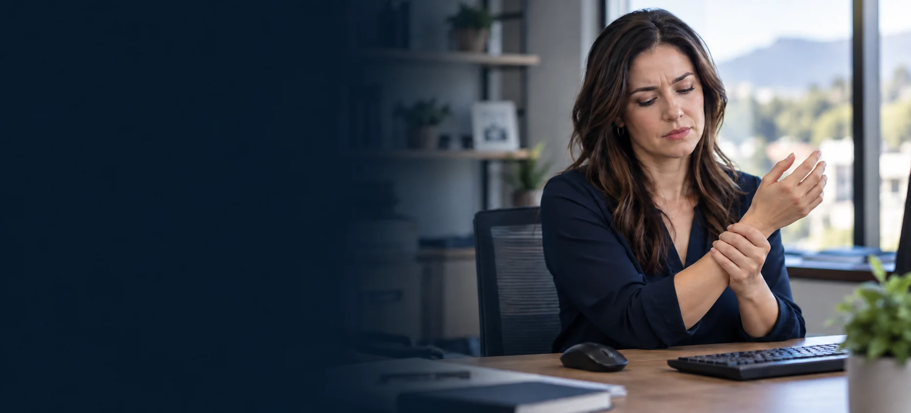 Office worker supporting her wrist after repetitive computer work
