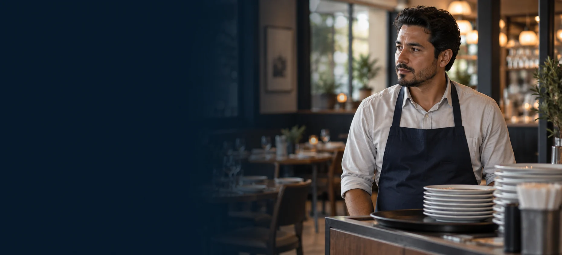 Restaurant employee beside a dining-room service station