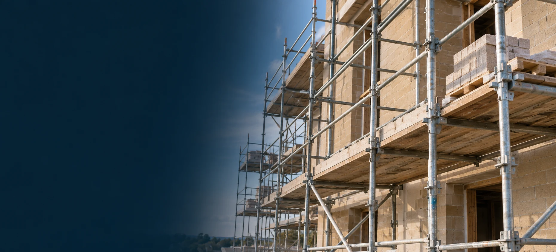 Scaffolding and elevated building materials at a construction site