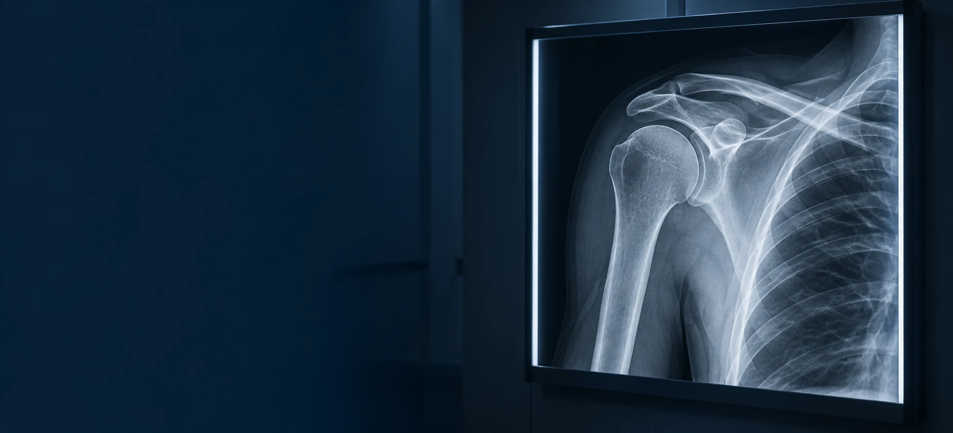 Shoulder X-ray displayed on a radiology light panel