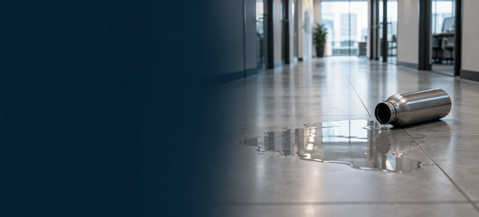 Spilled water beside a tipped bottle on a workplace hallway floor