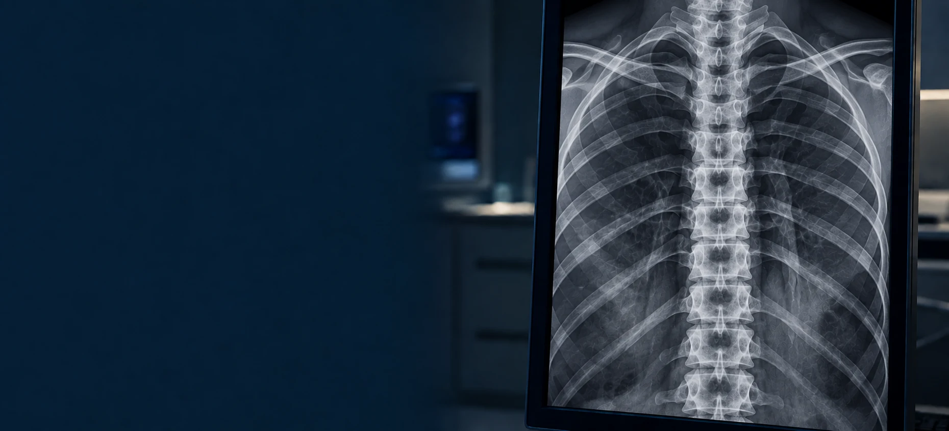 Upper and middle spine X-ray displayed on a radiology monitor