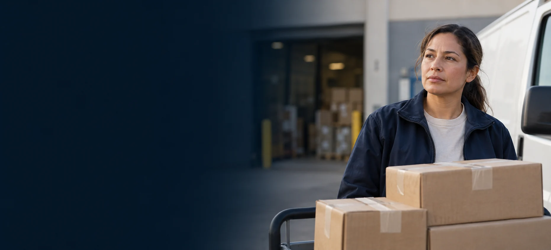 Delivery worker beside a parcel cart and parked van