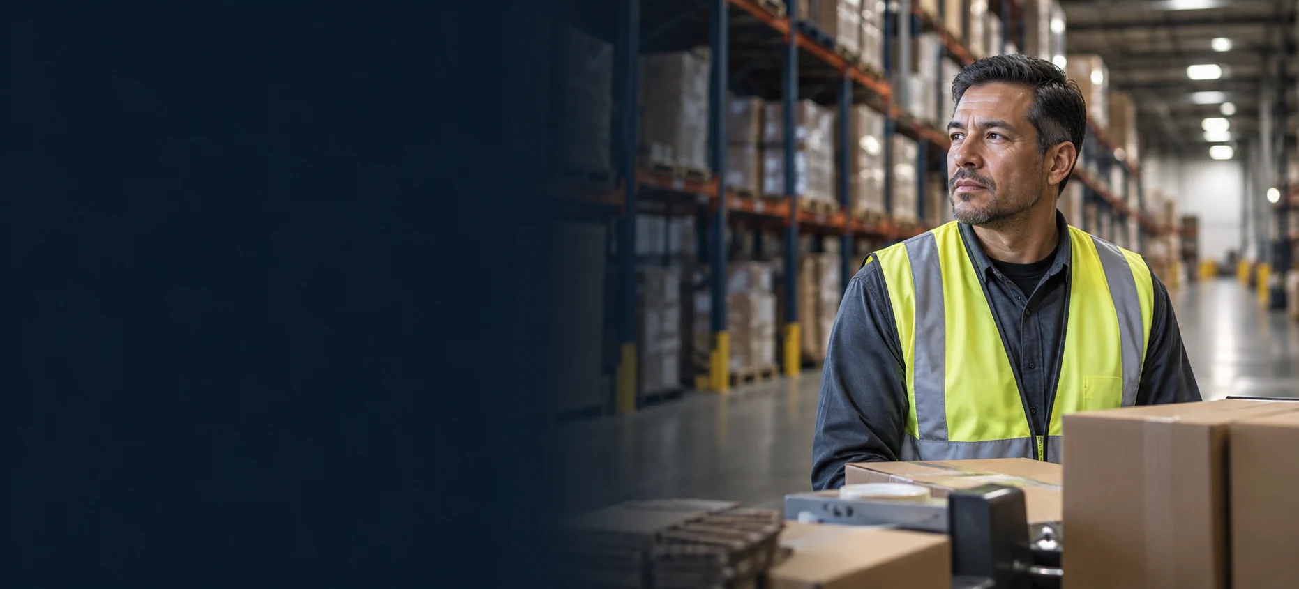 Warehouse employee beside a packing station