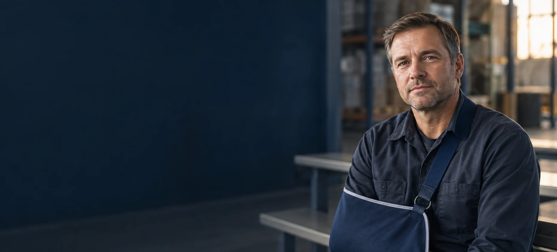 Injured worker wearing an arm sling in a warehouse break area